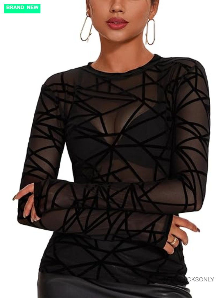 Mesh Long Sleeve See Through Lace Sheer T Shirt Party Club Night Blouse